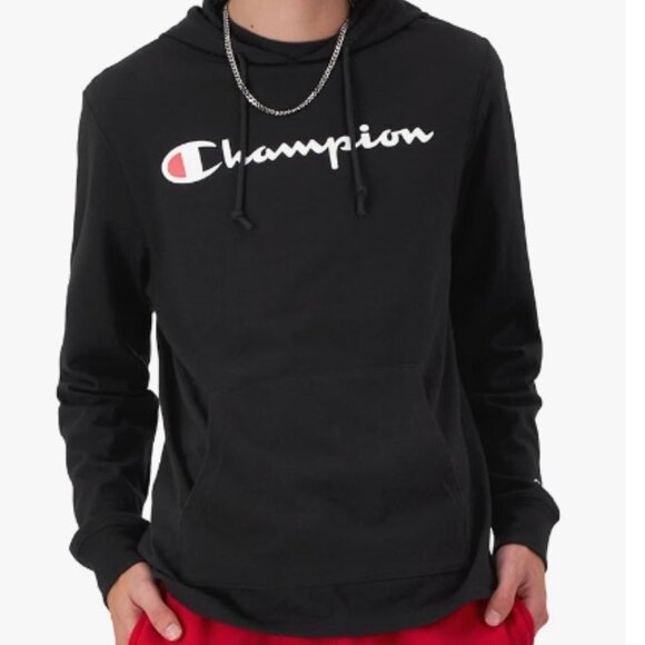 Champion Standard Fit Men Midweight Hoodie Size Medium Black Graphic Script Logo - Picture 1 of 13